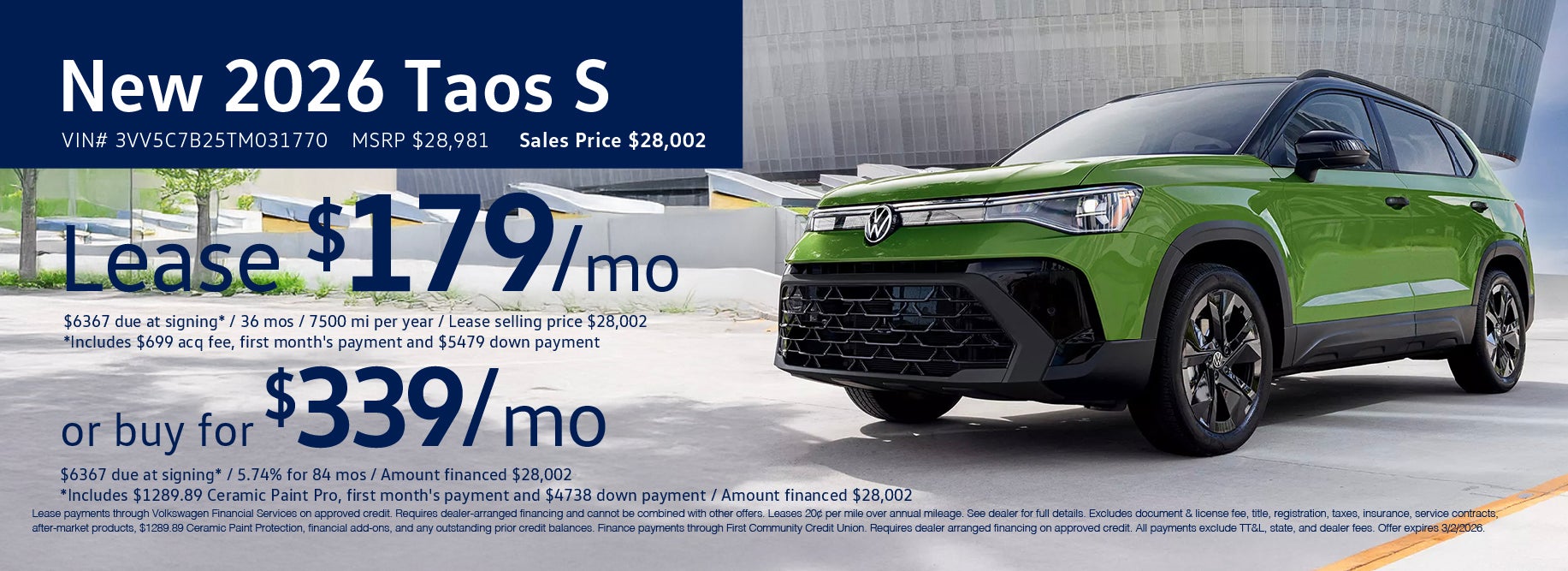 Lease the 2026 Taos starting at $179 at VW Clear Lake
