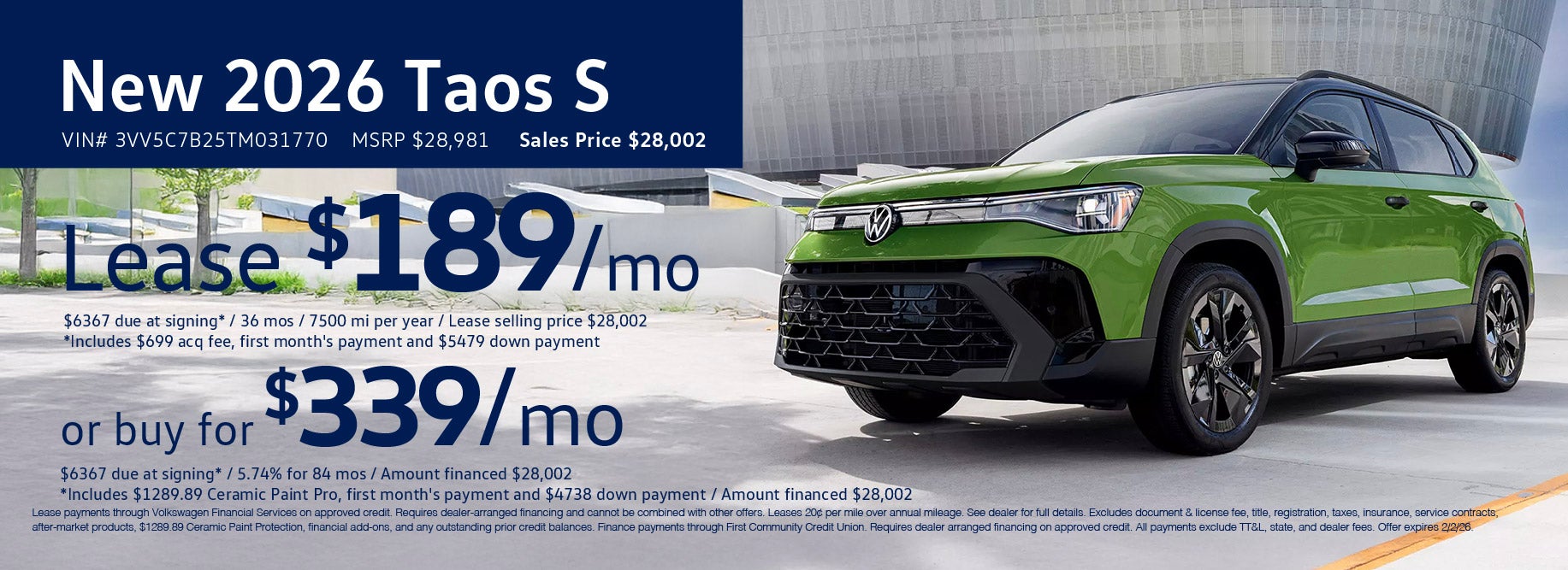 Lease the 2026 Taos starting at $189 at VW Clear Lake