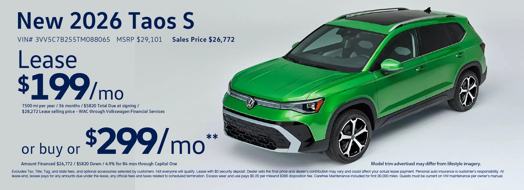 Lease the '26 Taos from $239/mo at VW Clear Lake