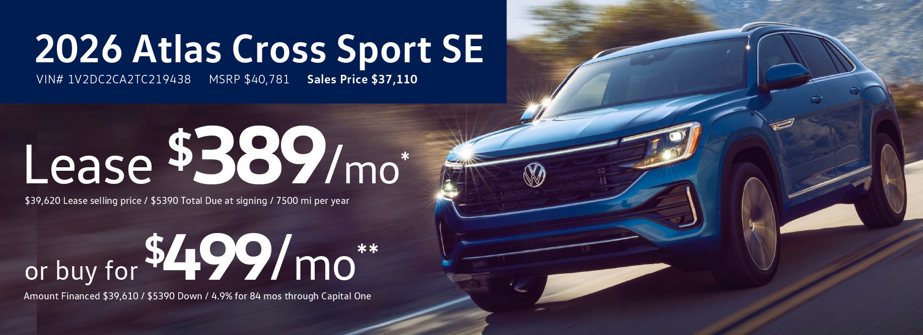 Lease the 2026 Atlas Cross starting at $389 at VW Clear Lake
