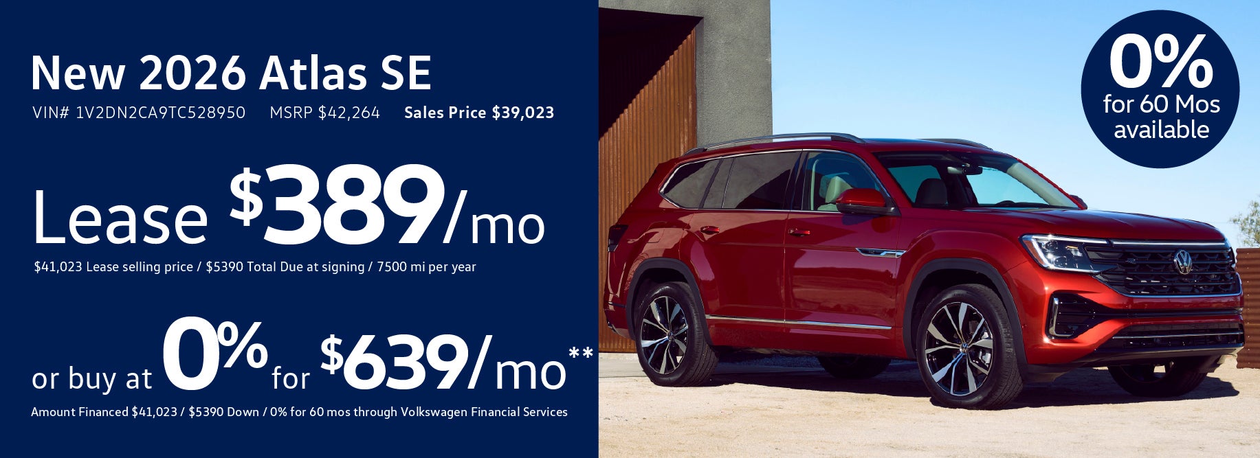 Get 0% for 60 mos on the new 2026 Atlas at VW Clear Lake