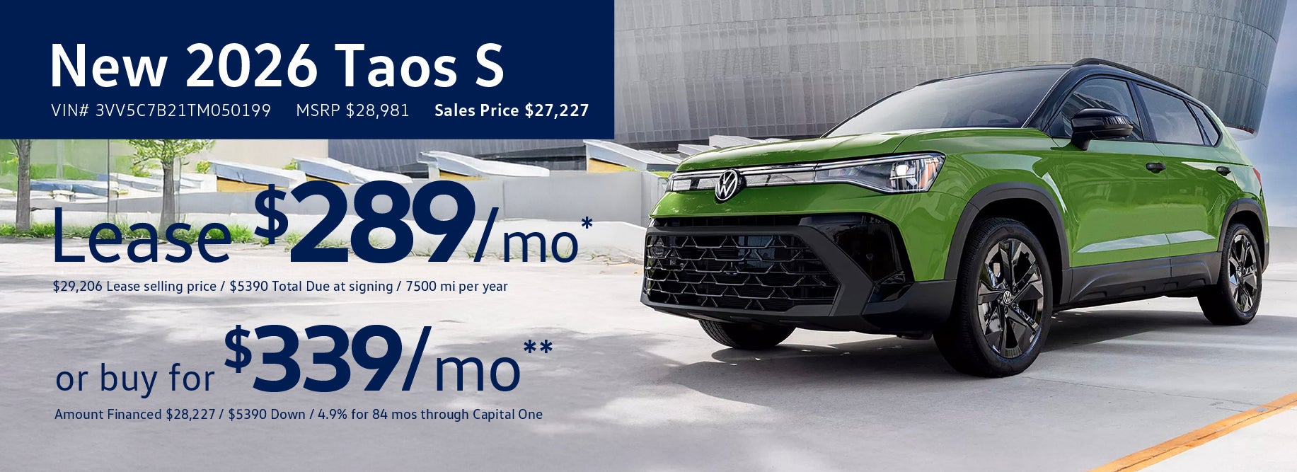 Lease the 2026 Taos starting at $289 at VW Clear Lake