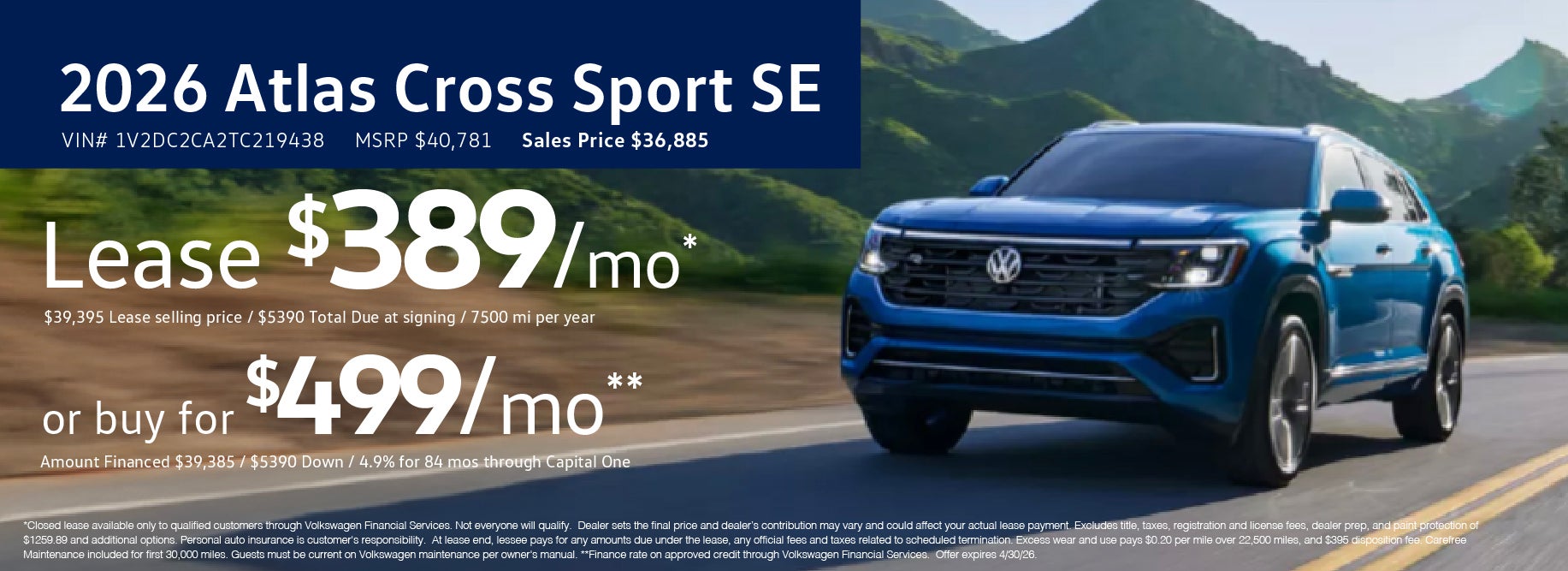 Lease the 2026 Atlas Cross starting at $389 at VW Clear Lake
