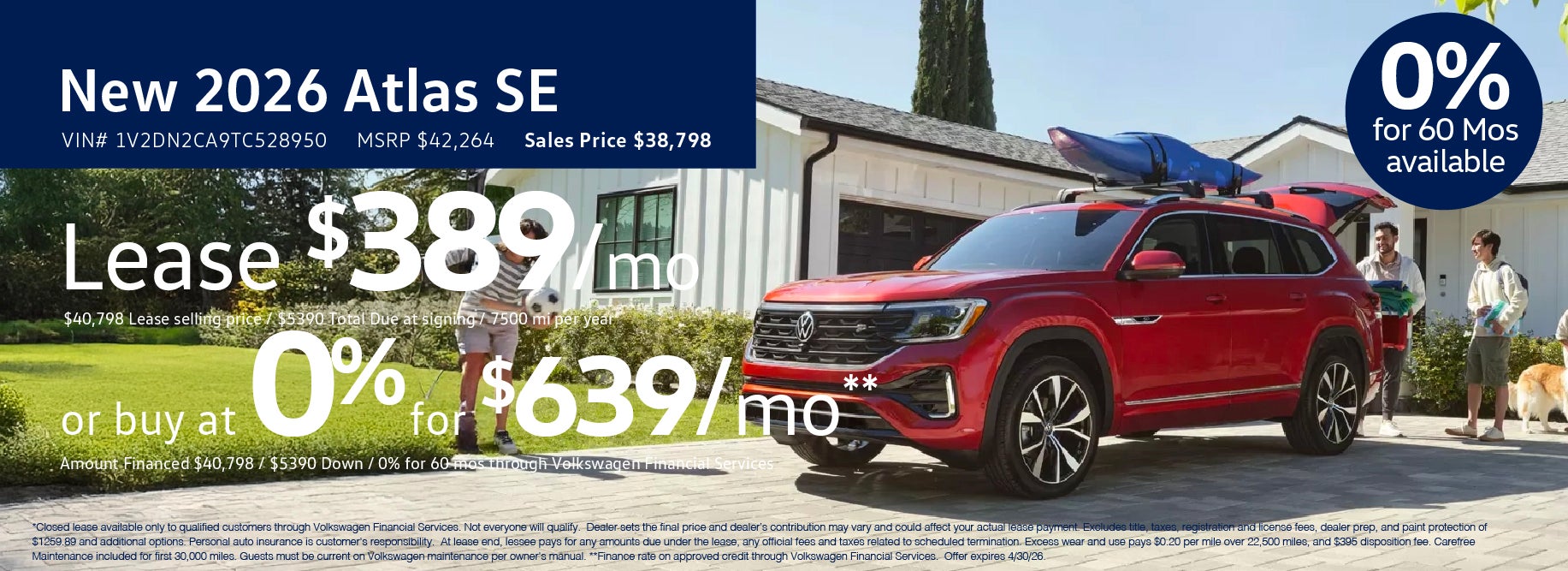Get 0% for 60 mos on the new 2026 Atlas at VW Clear Lake