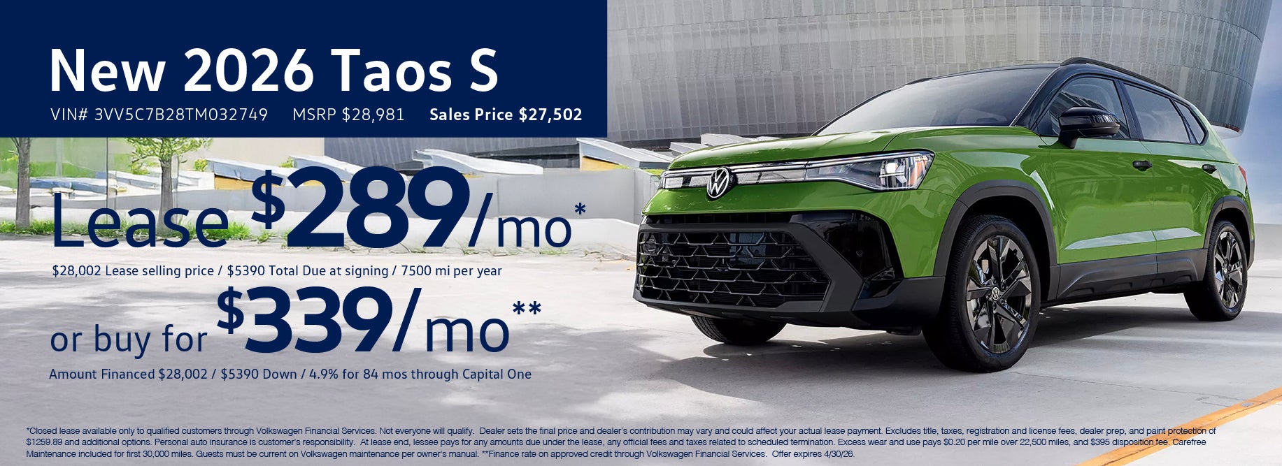 Lease the 2026 Taos starting at $289 at VW Clear Lake