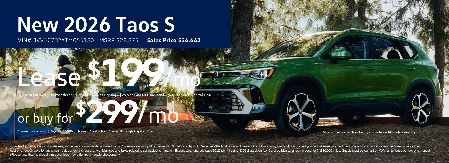 Lease the '26 Taos S for $199/mo or buy $299/mo 