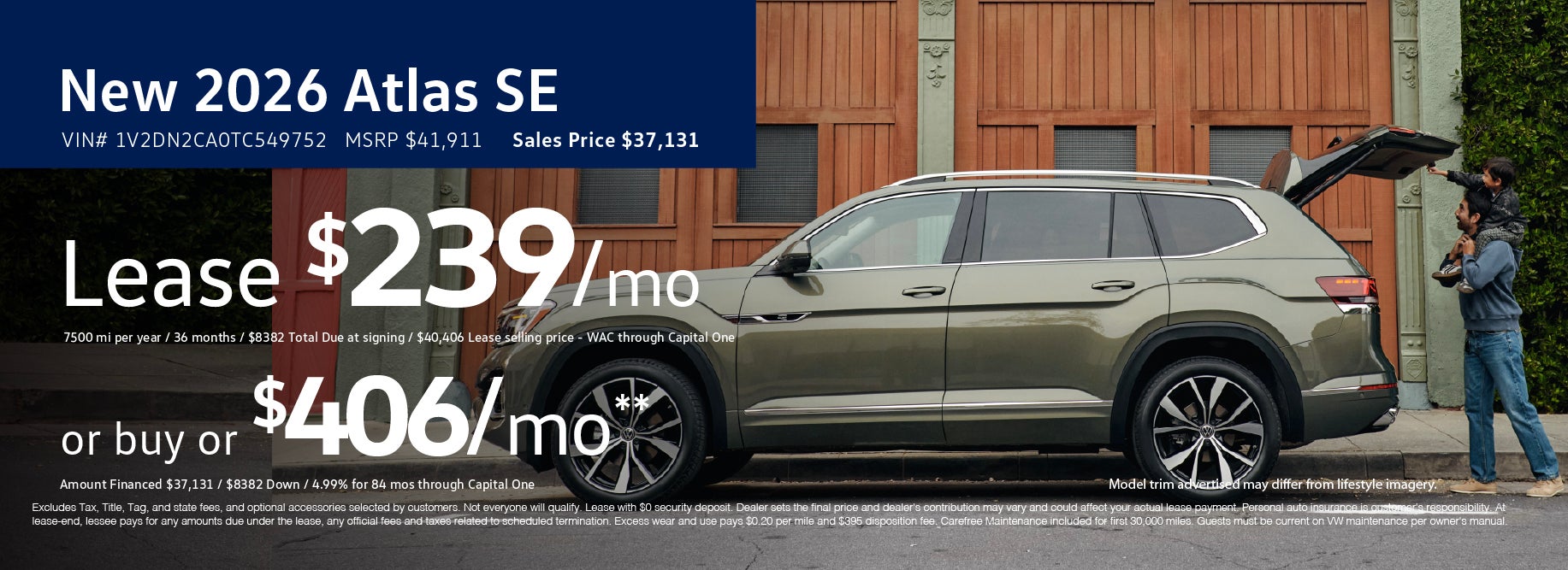 Lease the '26 Atlas SE for $239/mo at VW Clear Lake