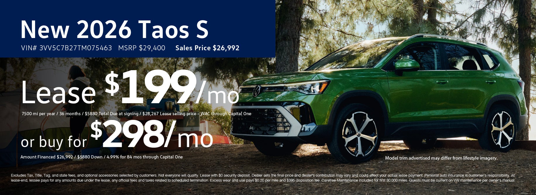 Lease the '26 Taos S for $199/mo or buy $299/mo 