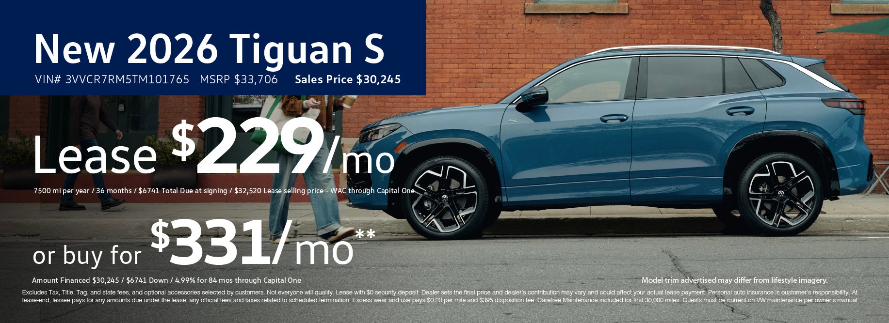 Lease the '26 Tiguan S $229/mo or buy $329/mo at VW Clear La