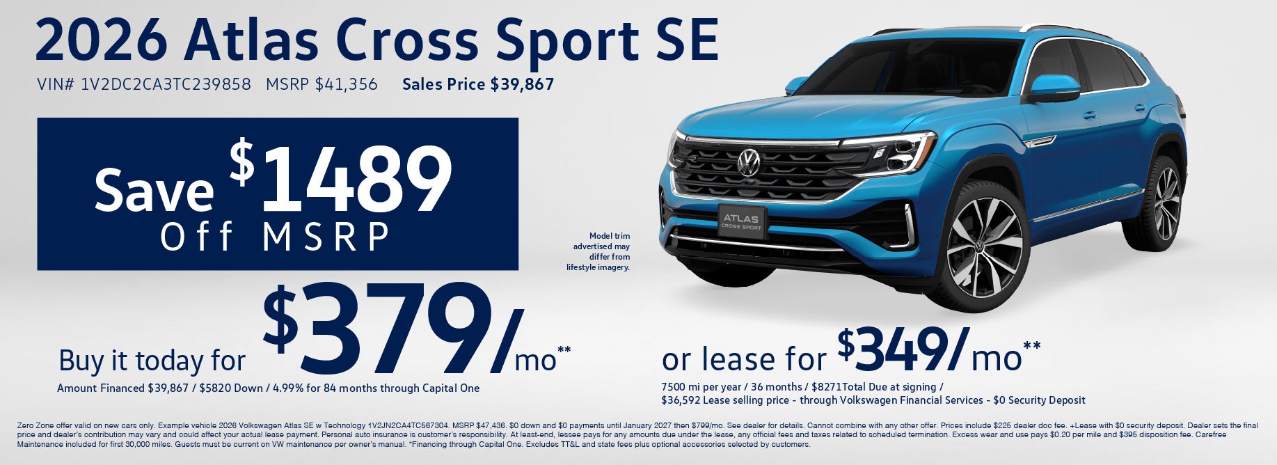 Lease a new Atlas Cross Sport SE VW Clear Lake from $349/mo