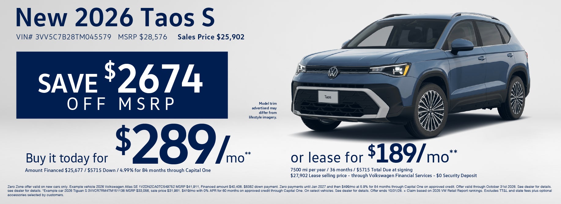 Lease a new Taos S at VW Clear Lake from $189/mo